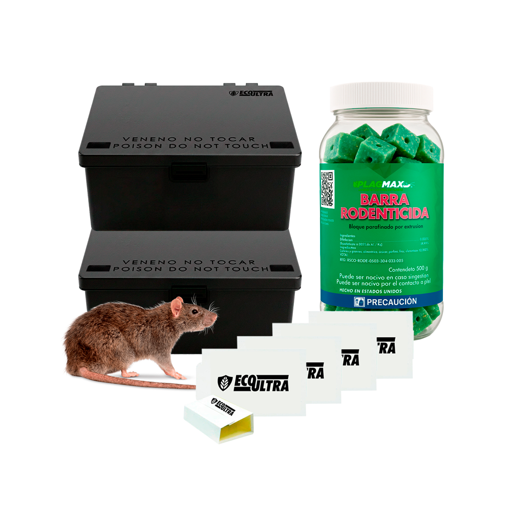 Kit Control De Roedores (2 Cebaderos + 4 Placas + Cebo Bayer)